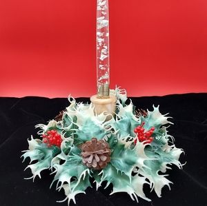 Vintage Christmas Plastic Holly Berry Pinecone Candle Wreath or Candle Ring